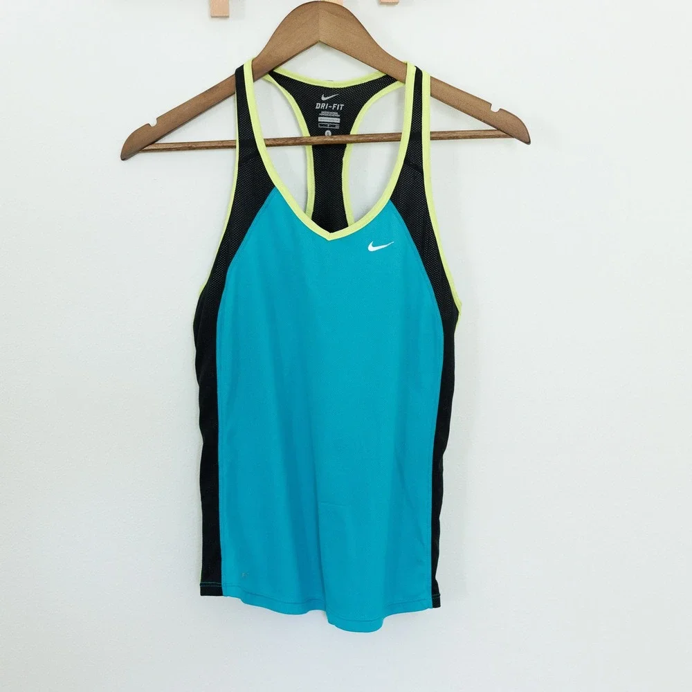 Nike Dri-FIT Racerback Tank Top Blue Black Neon Yellow Mesh Athletic Womens S